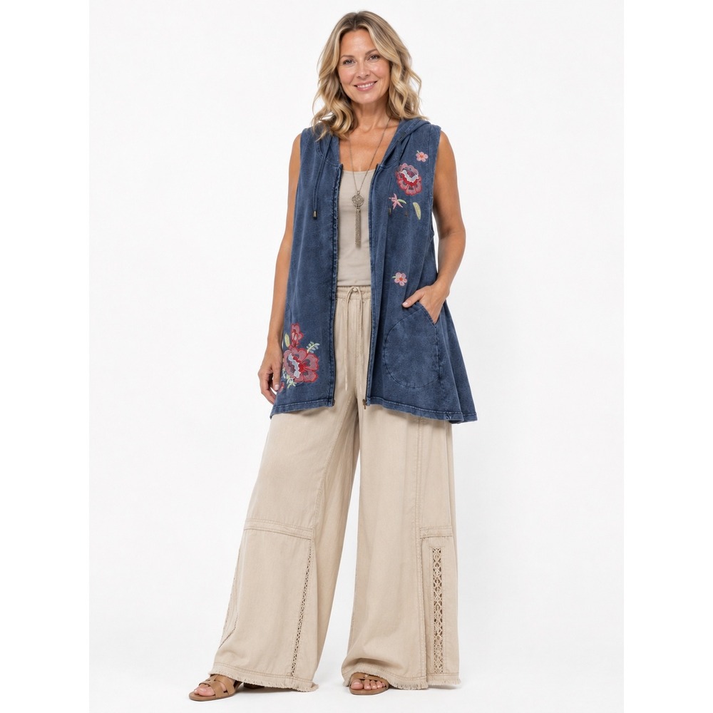 For Cynthia Hooded Vest Medium Blue Floral Embroidered Mineral Wash Zip‎ Up